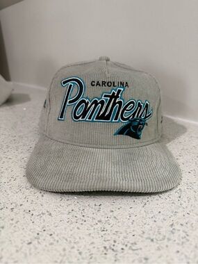 New Era Carolina Panthers Light Gray Corduroy Snapback Hat with Teal Accent